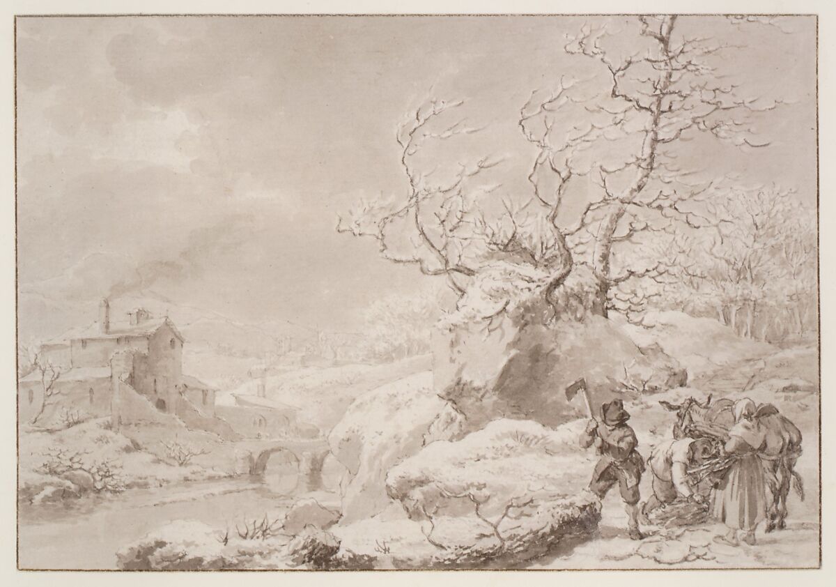 Winter Landscape with Peasants Gathering and Chopping Wood, Jacob Cats (Dutch, Altona 1741–1799 Amsterdam), Pen and gray ink, brush and gray wash, over black chalk; framing lines in pen and brown ink
