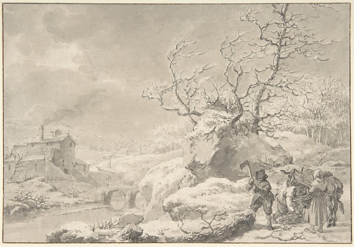 Winter Landscape with Peasants Gathering and Chopping Wood, Jacob Cats (Dutch, Altona 1741–1799 Amsterdam), Pen and gray ink, brush and gray wash, over black chalk; framing lines in pen and brown ink 