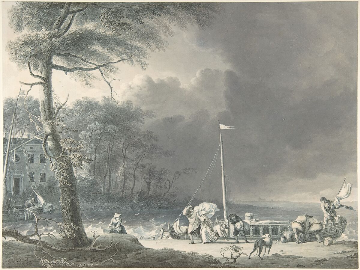A Stormy Scene with Figures Unloading Boats Near a House on the Water's Edge, Jacob Cats (Dutch, Altona 1741–1799 Amsterdam), Point of brush, gray and blue-gray wash over traces of black chalk 