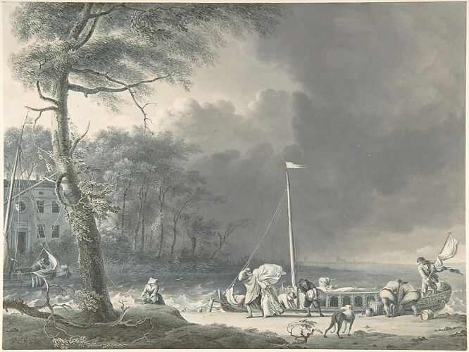 A Stormy Scene with Figures Unloading Boats Near a House on the Water's Edge