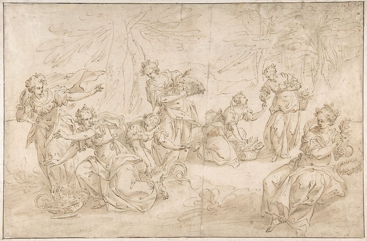 Eurydice Bitten by a Serpent, Hendrick de Clerck (Netherlandish, 1570–1629), Pen and brown ink, brush and brown wash, over traces of black chalk; framing lines in pen and brown ink 