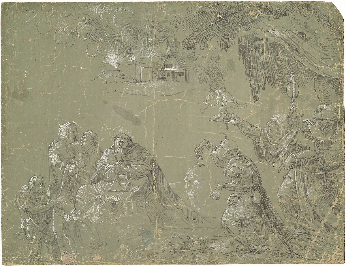 Temptation of St. Anthony (recto); Fantastic Landscape (verso), Attributed to Jan Wellens de Cock (Netherlandish, Leiden ca. 1480–before 1527 Antwerp), Pen, or point of the brush, and gray ink, heightened with white gouache, on green prepared paper; verso: pen and brown ink