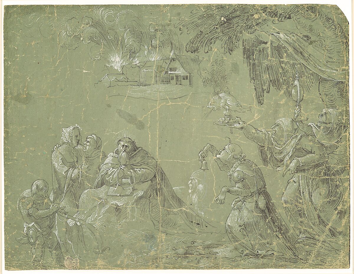 Temptation of St. Anthony (recto); Fantastic Landscape (verso), Attributed to Jan Wellens de Cock (Netherlandish, Leiden ca. 1480–before 1527 Antwerp), Pen, or point of the brush, and gray ink, heightened with white gouache, on green prepared paper; verso: pen and brown ink