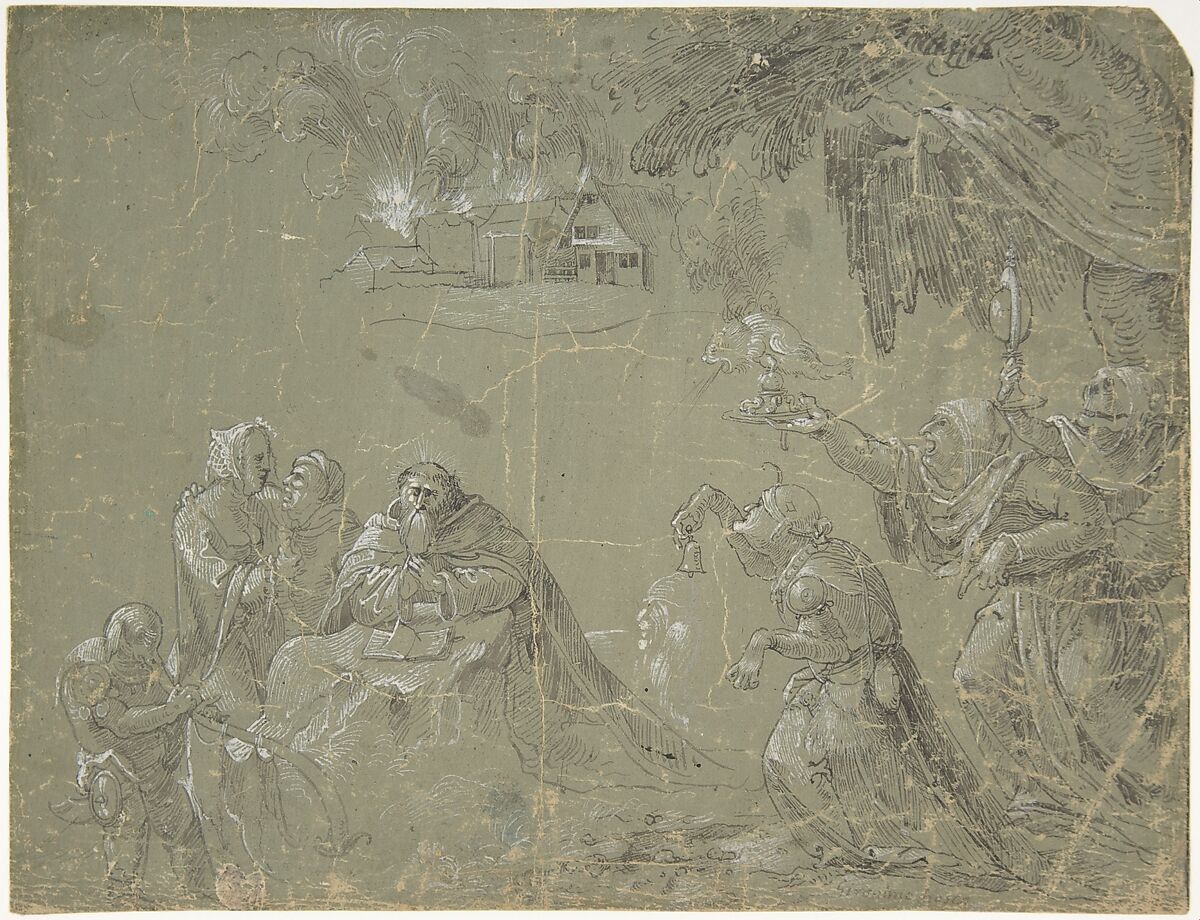 Temptation of St. Anthony (recto); Fantastic Landscape (verso), Attributed to Jan Wellens de Cock (Netherlandish, Leiden ca. 1480–before 1527 Antwerp), Pen, or point of the brush, and gray ink, heightened with white gouache, on green prepared paper; verso: pen and brown ink 