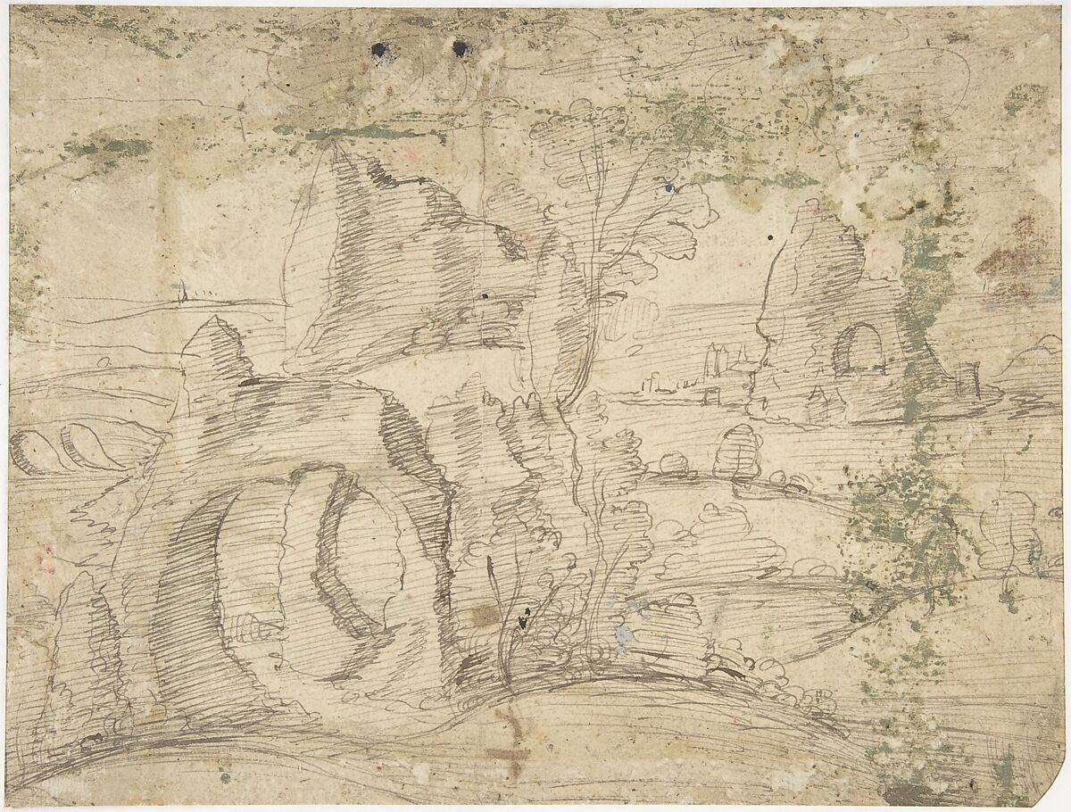 Temptation of St. Anthony (recto); Fantastic Landscape (verso), Attributed to Jan Wellens de Cock (Netherlandish, Leiden ca. 1480–before 1527 Antwerp), Pen, or point of the brush, and gray ink, heightened with white gouache, on green prepared paper; verso: pen and brown ink
