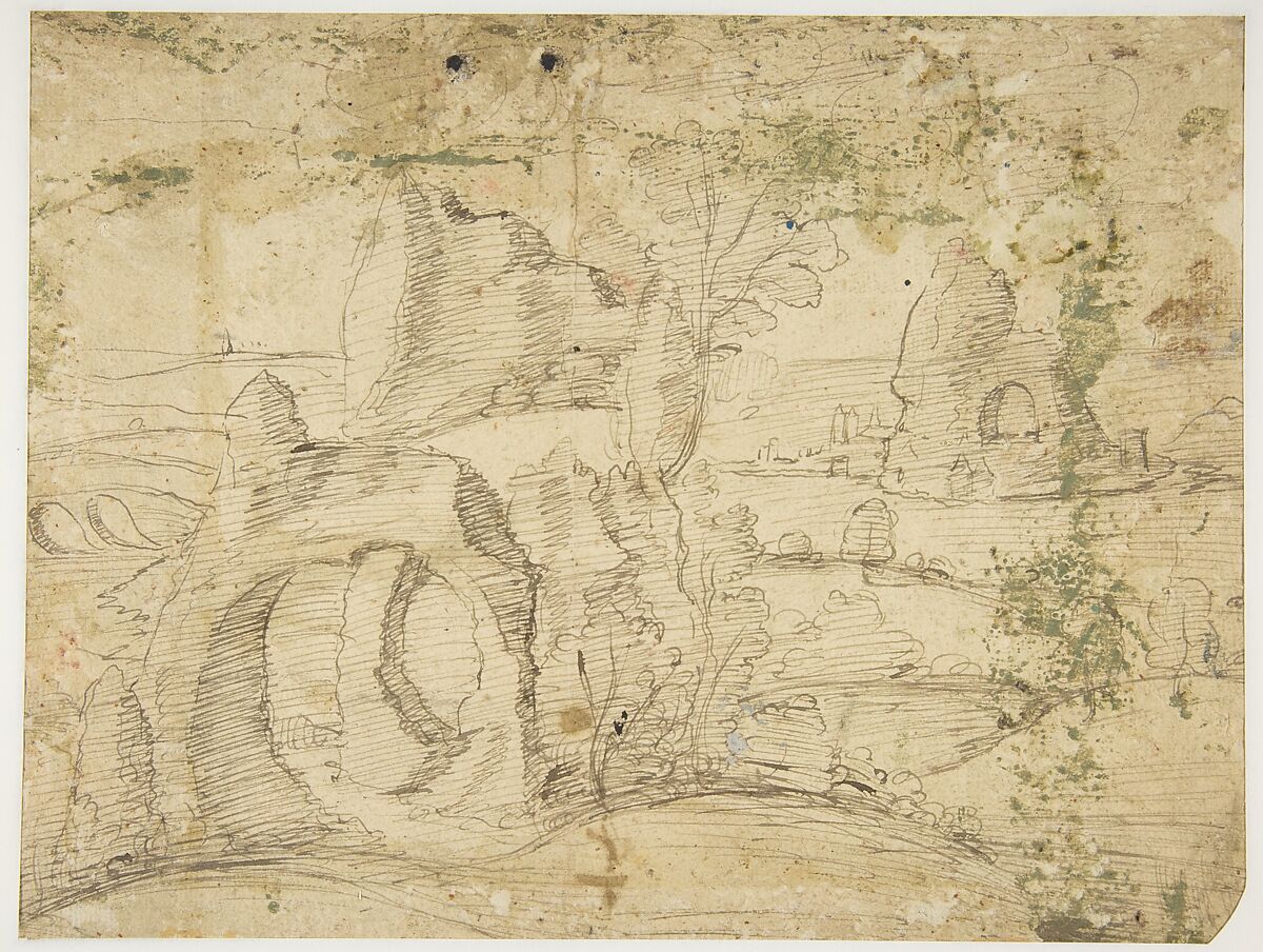 Temptation of St. Anthony (recto); Fantastic Landscape (verso), Attributed to Jan Wellens de Cock (Netherlandish, Leiden ca. 1480–before 1527 Antwerp), Pen, or point of the brush, and gray ink, heightened with white gouache, on green prepared paper; verso: pen and brown ink