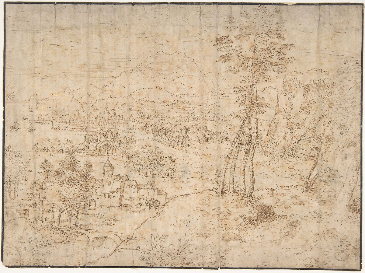 Landscape with a Town by the Seashore and Mountains in the Distance, Circle of Matthijs Cock (Netherlandish, ca. 1509/10–1540/48 Antwerp), Pen and brown ink; framing line in black ink 