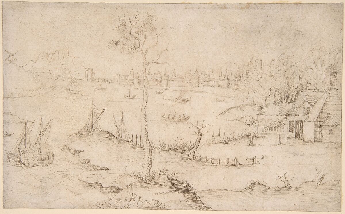 Landscape with a Walled City and a Large Body of Water, Circle of Matthijs Cock (Netherlandish, ca. 1509/10–1540/48 Antwerp), Pen and brown ink 