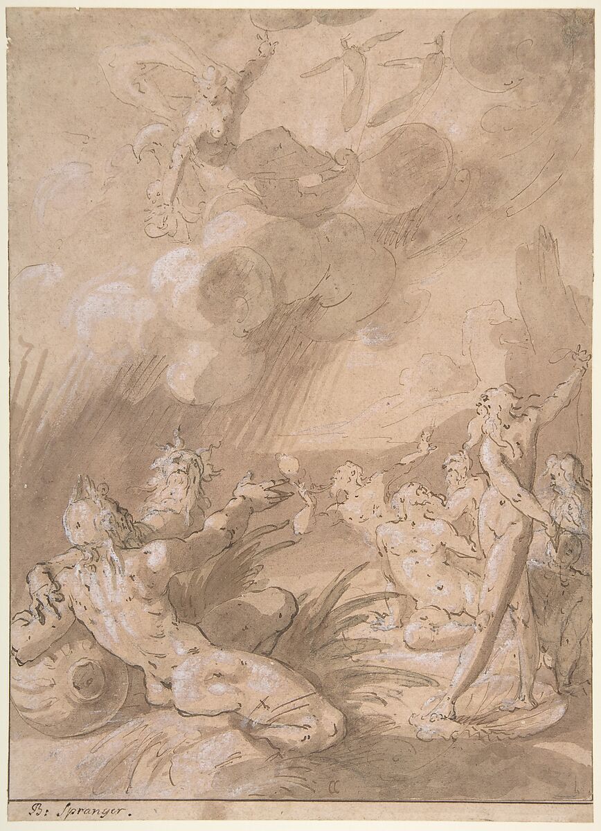 Juno Appearing to Sea Gods, Cornelis Cornelisz van Haarlem (Netherlandish, Haarlem 1562–1638 Haarlem), Pen and brown ink, brush and brown wash, heightened with white gouache, over traces of black chalk, on off-white paper prepared with pink watercolor; traces of framing lines in pen and brown ink 