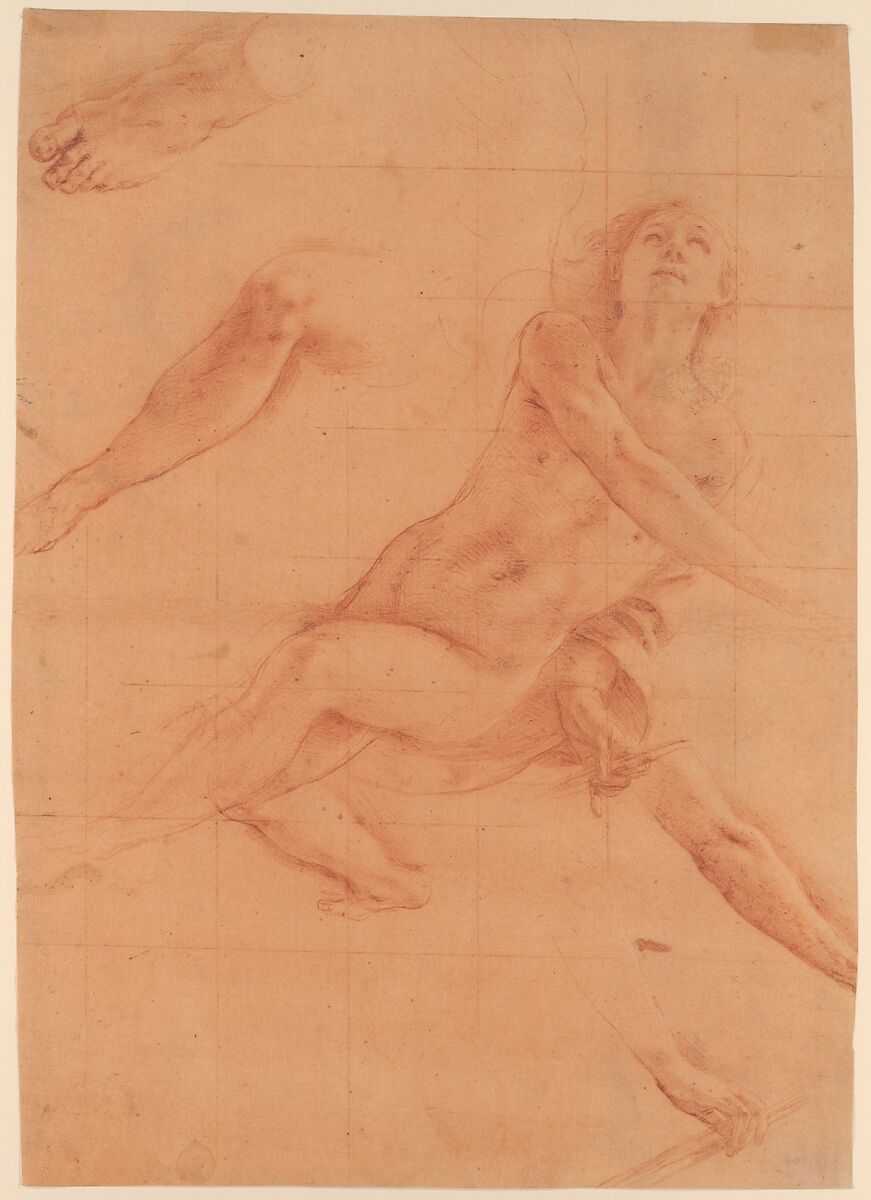 Studies for an Angel in Glory, Antonio d'Enrico Tanzio (Tanzio da Varallo) (Italian, Riale d'Alagna 1575/80–1632/33 Novara), Red chalk; main study squared for transfer