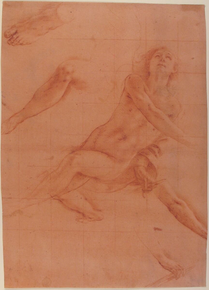 Studies for an Angel in Glory, Antonio d'Enrico Tanzio (Tanzio da Varallo) (Italian, Riale d'Alagna 1575/80–1632/33 Novara), Red chalk; main study squared for transfer