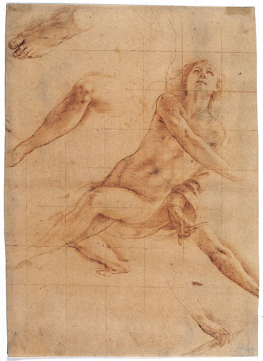 Studies for an Angel in Glory, Antonio d'Enrico Tanzio (Tanzio da Varallo) (Italian, Riale d'Alagna 1575/80–1632/33 Novara), Red chalk; main study squared for transfer