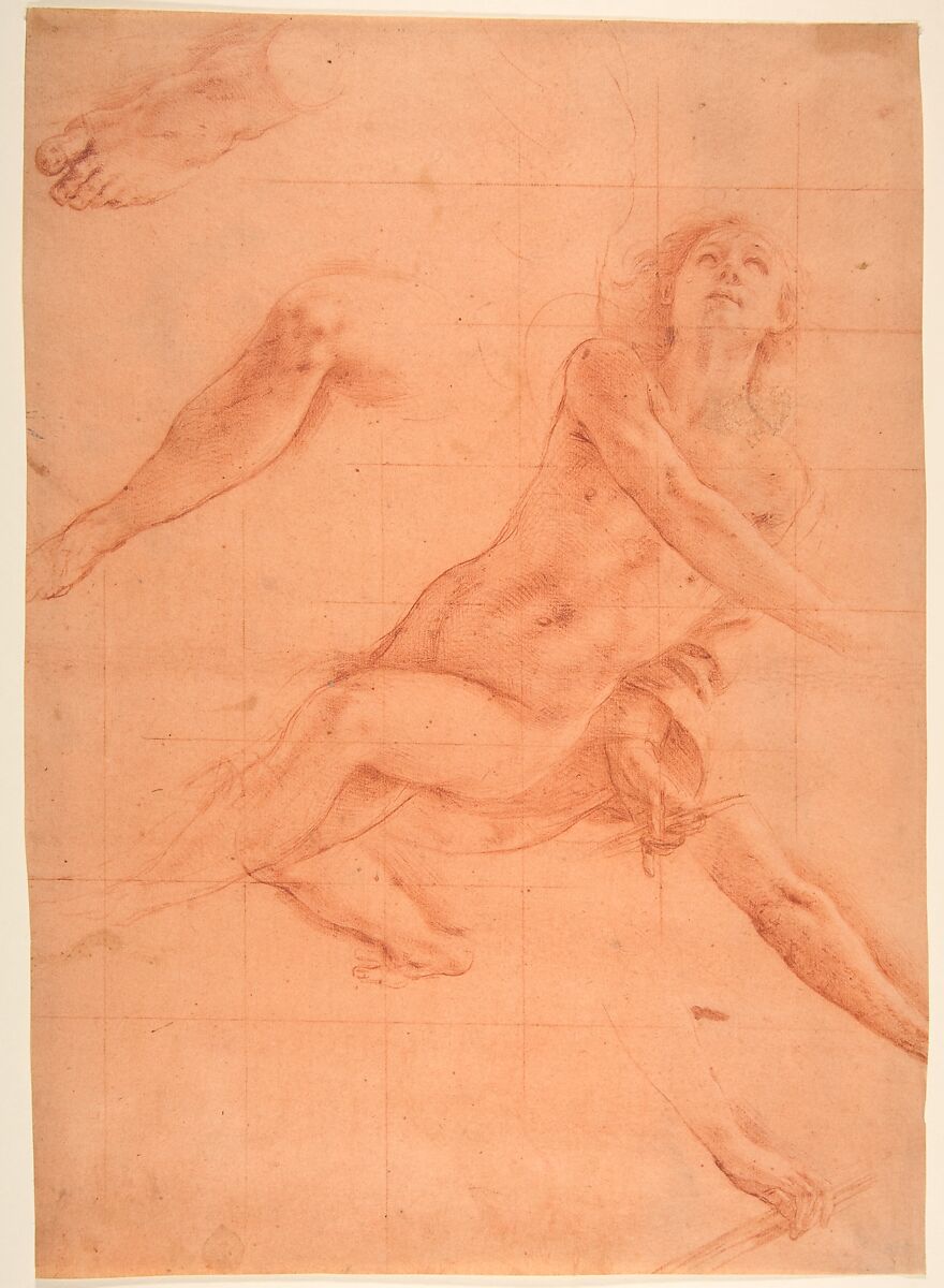 Studies for an Angel in Glory, Antonio d&#39;Enrico Tanzio (Tanzio da Varallo) (Italian, Riale d&#39;Alagna 1575/80–1632/33 Novara), Red chalk on off-white laid paper washed pale ochre; main study squared for transfer 