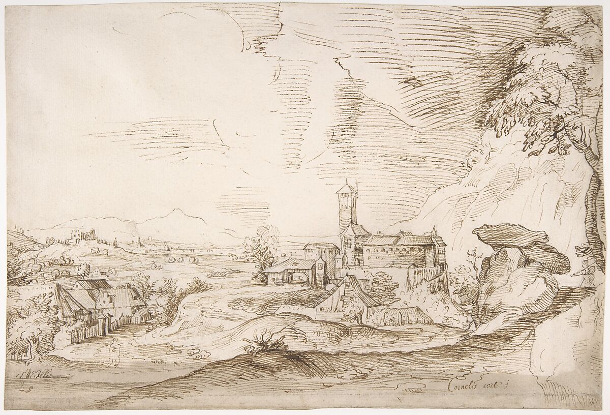 Italian Landscape, Cornelis Cort (Netherlandish, Hoorn ca. 1533–1578 Rome), Pen and brown ink. Verso: red chalk 