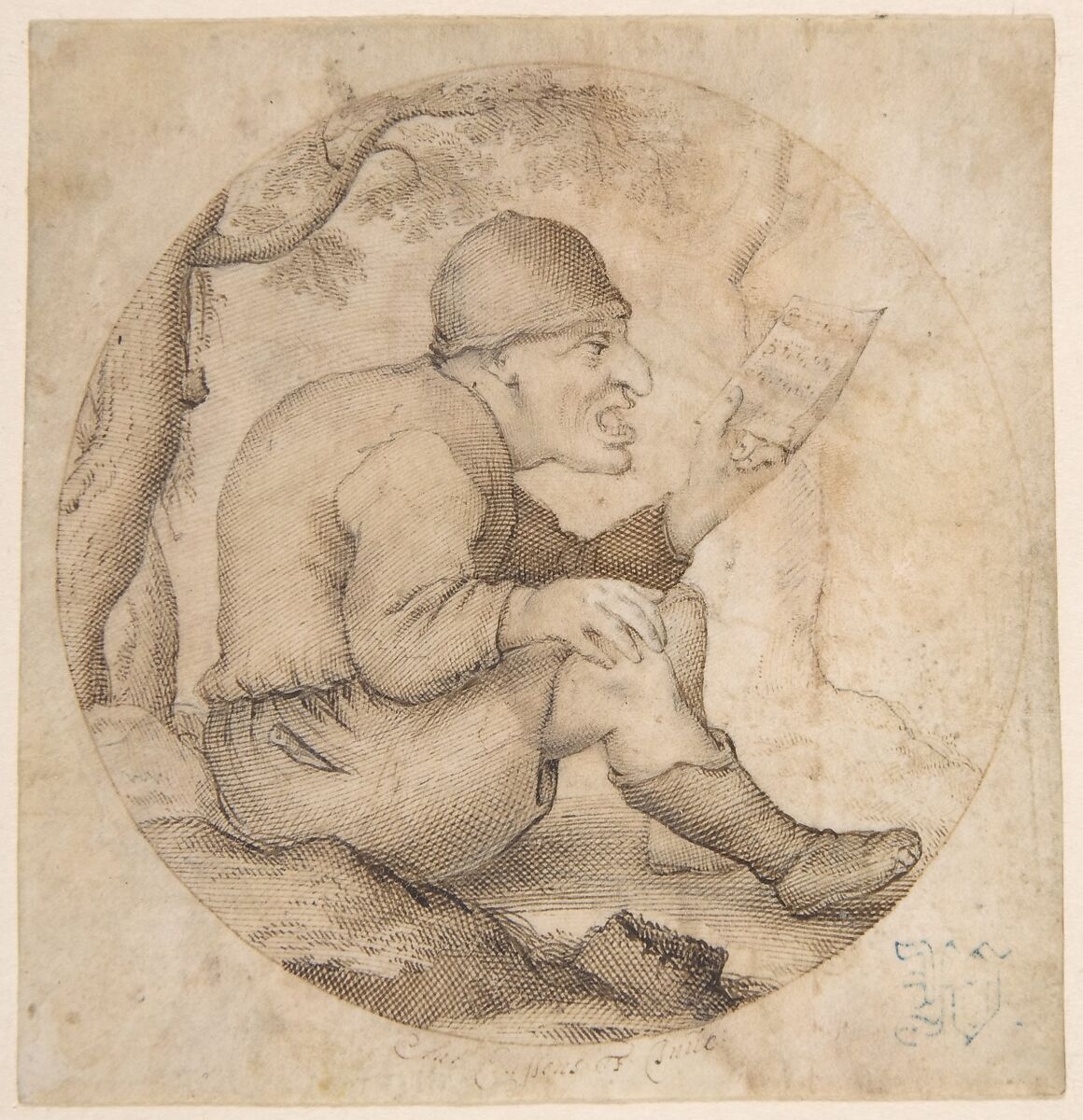 Seated Old Man Facing Right, Singing and Holding Music, Anton Crussens (Flemish, active Brussels, mid-17th century), Pen and brown ink over black chalk. Inscribed in a roundel in pen and brown ink. 