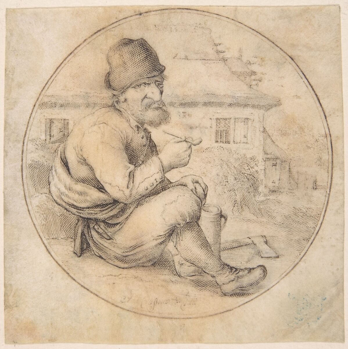 Seated Old Man Holding a Pipe, Anton Crussens (Flemish, active Brussels, mid-17th century), Pen and brown ink, black chalk. Inscribed in a double roundel drawn in pen and brown ink. 