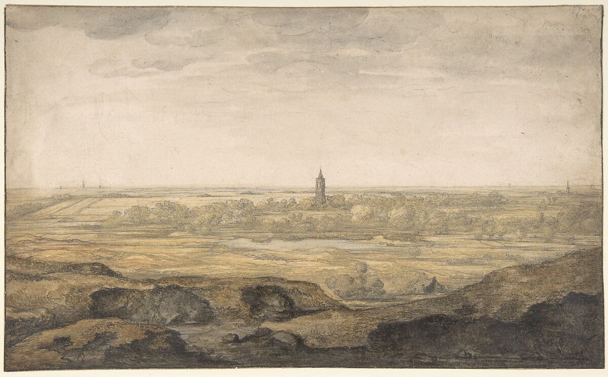 Landscape, Aelbert Cuyp (Dutch, Dordrecht 1620–1691 Dordrecht), Yellow and brown watercolor and gouache over black chalk. 
