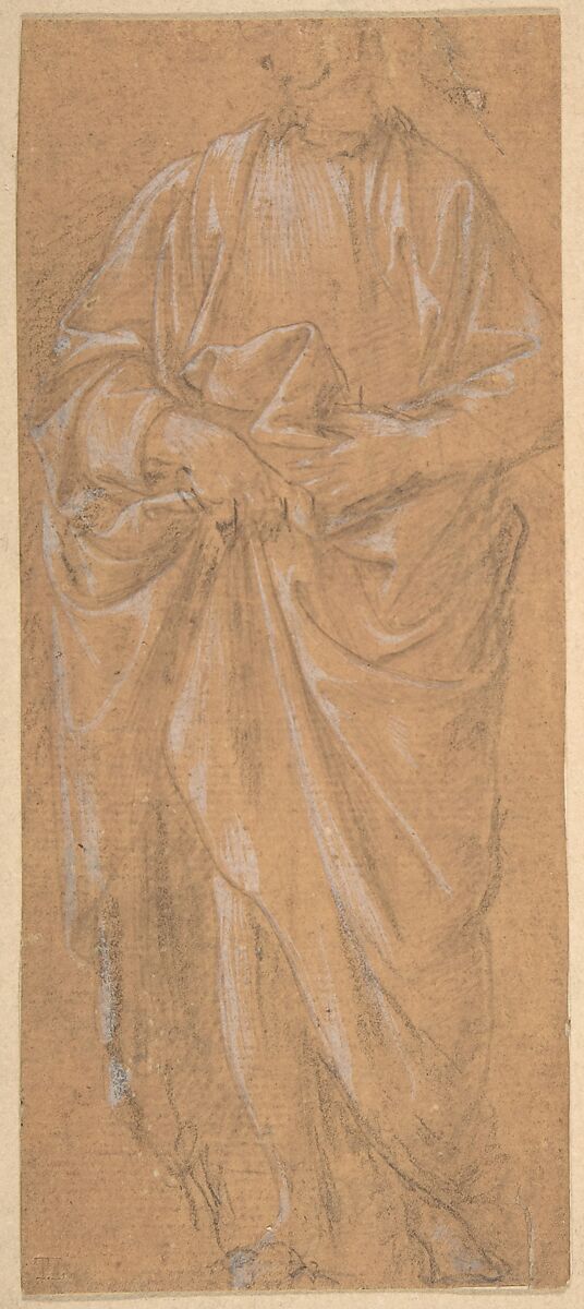 Standing Male Figure, Filippino Lippi (Italian, Prato ca. 1457–1504 Florence), Soft metalpoint, highlighted with white gouache (some touches of black chalk probably added by later hand), on ochre prepared paper 