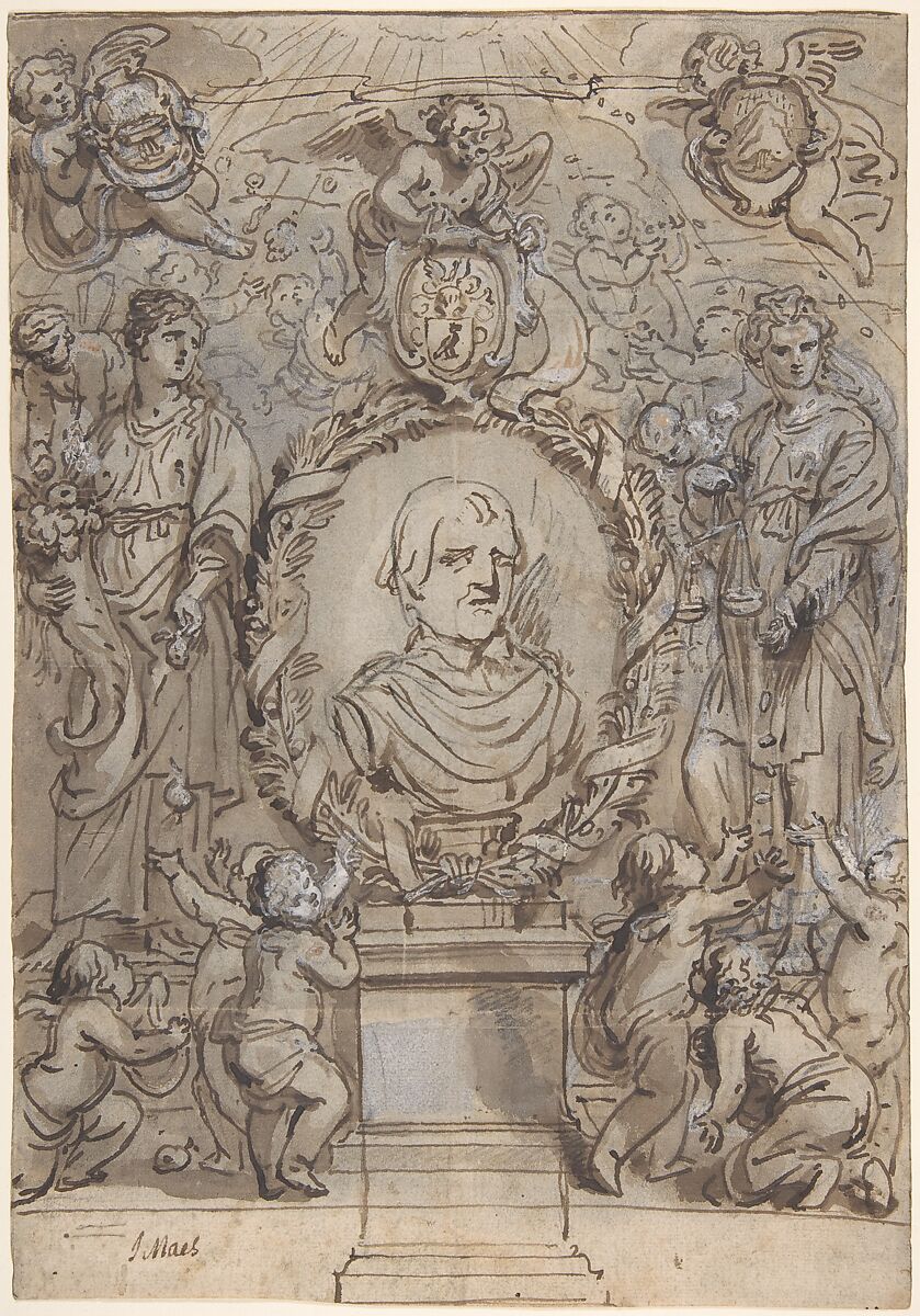 Design for a Title Page, Abraham van Diepenbeeck (Flemish, &#39;s Hertogenbosch 1596–1675 Antwerp), Pen and brown ink, black chalk, brown wash, white gouache;
Verso: rubbed with black chalk for transfer. 