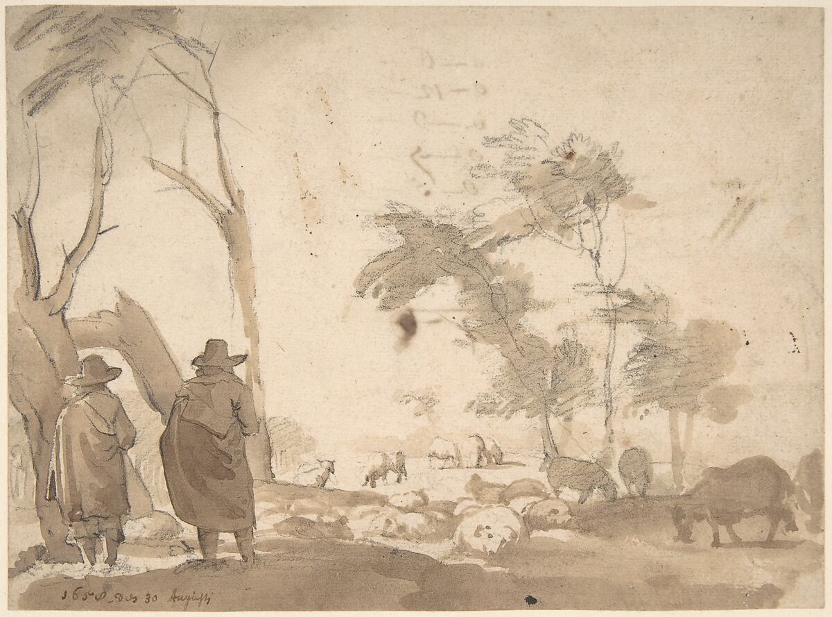 Landscape with Sheep and Two Figures (recto); Faint Sketch of a Figure with a Hat (verso), Attributed to Jacob van der Does (Dutch, Amsterdam 1623–1673 Amsterdam), Brush and brown wash, black chalk (recto); red chalk (verso) 