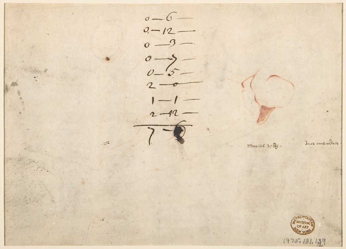 Landscape with Sheep and Two Figures (recto); Faint Sketch of a Figure with a Hat (verso), Attributed to Jacob van der Does (Dutch, Amsterdam 1623–1673 Amsterdam), Brush and brown wash, black chalk (recto); red chalk (verso)