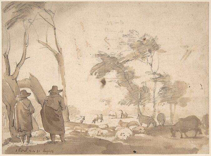 Landscape with Sheep and Two Figures (recto); Faint Sketch of a Figure with a Hat (verso)