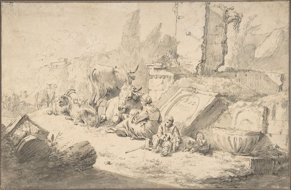 Pastoral Landscape with Roman Ruins, Johann Heinrich Roos (German, Reipoltskirchen 1631–1685 Frankfurt am Main), Pen and ink, brush and gray wash 