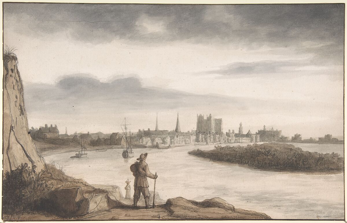 View of Nantes, Lambert Doomer (Dutch, Amsterdam 1624–1700 Amsterdam), Pen and brown ink, gray and brown wash over black chalk; framing line in pen and brown ink 