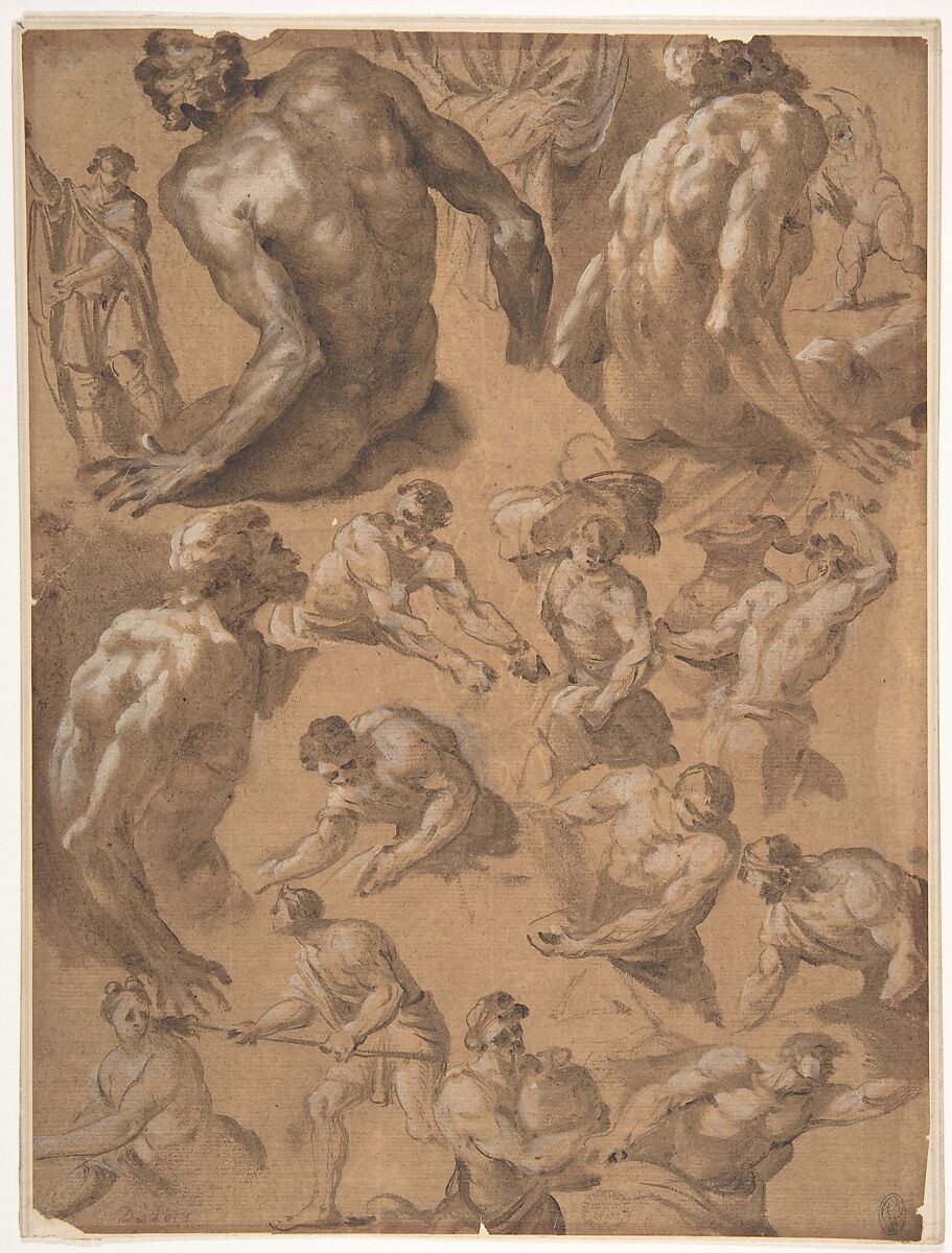 Figure Studies, Eduard Dubois (Flemish, Antwerp 1619–1697 London), Brush and brown wash, heightened with white, on brown paper. 