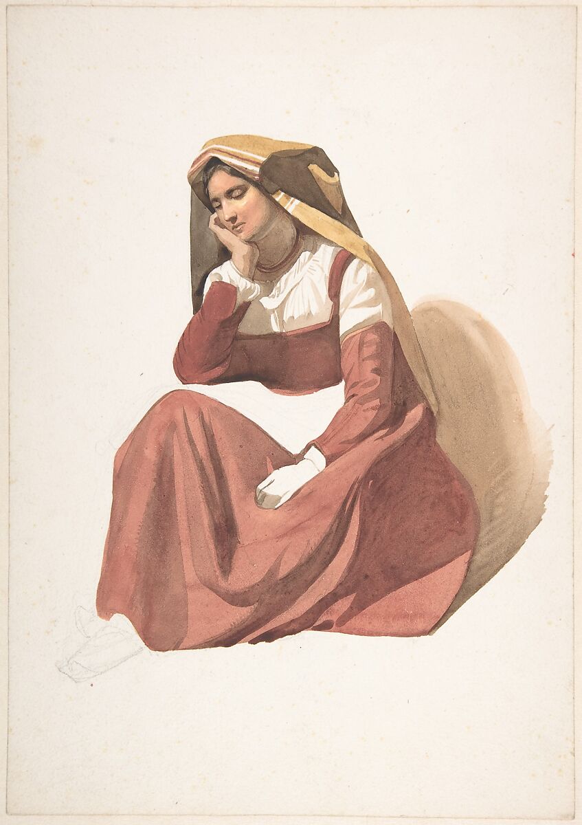 Seated Italian Peasant Woman, Pierre Louis Dubourcq (Dutch, Amsterdam 1815–1873 Amsterdam), Watercolor, over traces of graphite. 