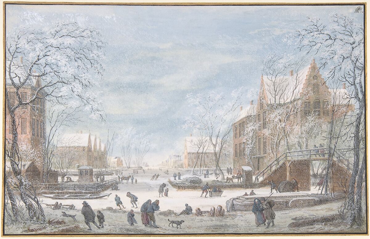 Snow Falling on a Dutch Town, Abraham Rademaker (Dutch, Lisse, near Haarlem 1675–1735 Haarlem), Gouache and watercolor; framing lines in pen and black ink and in gilt. 