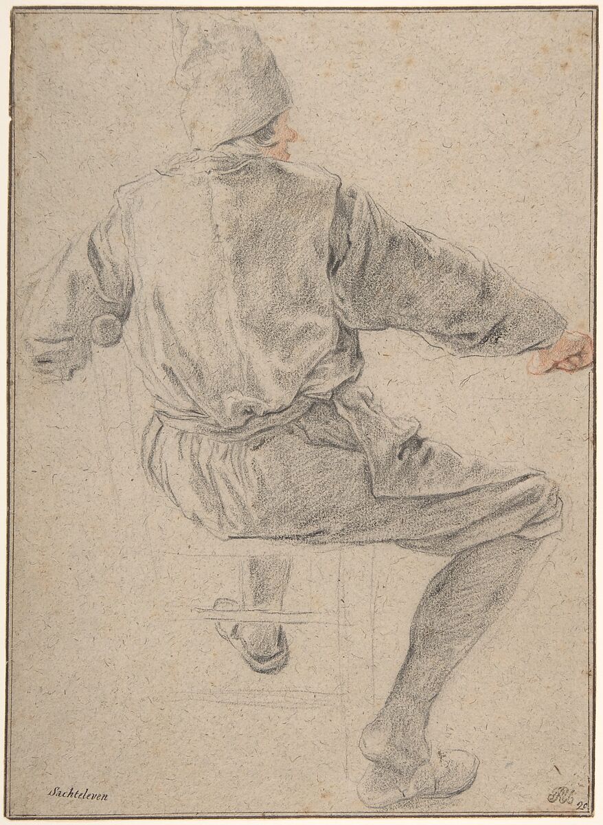 Study of a Seated Peasant, Cornelis Dusart (Dutch, Haarlem 1660–1704 Haarlem), Black and red chalk on beige paper; framing lines in pen and brown ink 