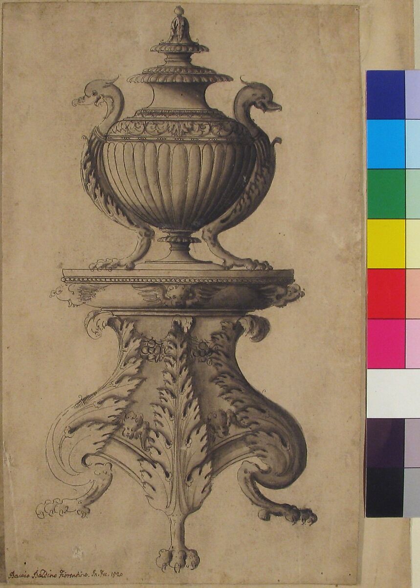 Covered Vase on a Three-Footed Pedestal, Jacques Androuet Du Cerceau (French, Paris 1510/12–1585 Annecy), Pen and black ink, brush and gray wash