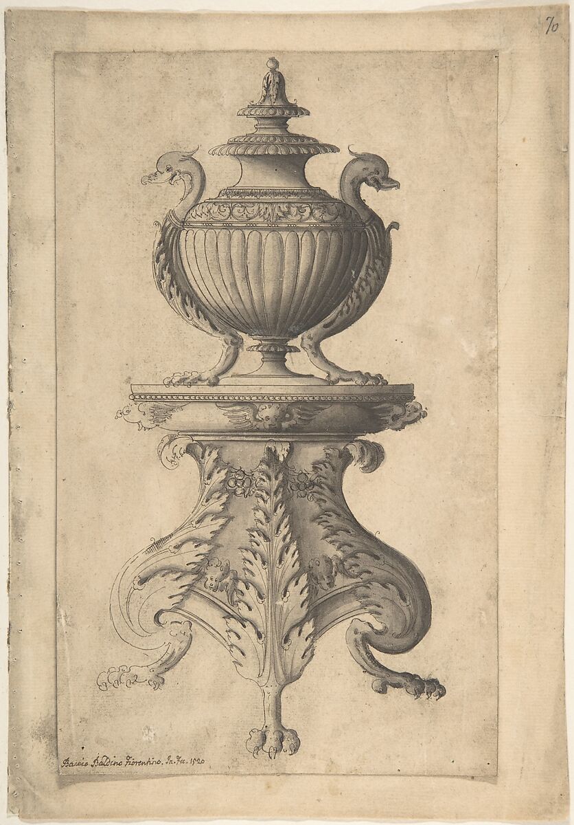 Covered Vase on a Three-Footed Pedestal, Jacques Androuet Du Cerceau (French, Paris 1510/12–1585 Annecy), Pen and black ink, brush and gray wash 
