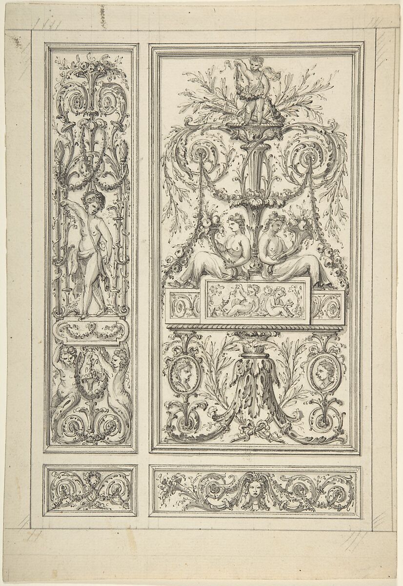 Design for a Wall Panel, Jean Démosthène Dugourc (French, Versailles 1749–1825 Paris), Pen and black and gray ink, brush and gray wash 
