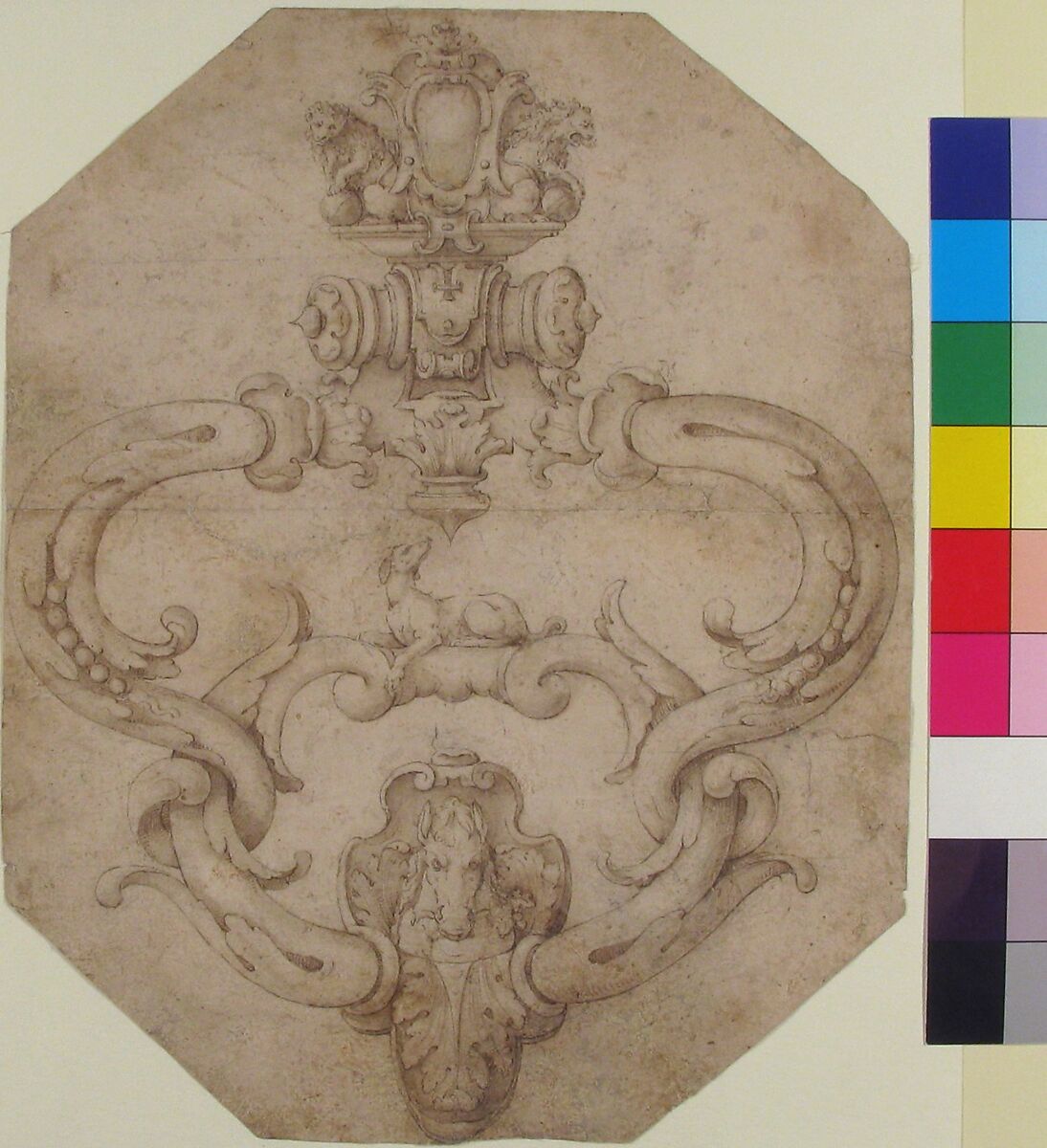 Design for Door Knocker, Attributed to Etienne Delaune (French, Orléans 1518/19–1583 Strasbourg), Pen and brown ink, brush and brown wash, with graphite underdrawing