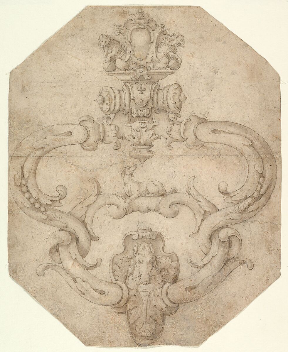 Design for Door Knocker, Attributed to Etienne Delaune (French, Orléans 1518/19–1583 Strasbourg), Pen and brown ink, brush and brown wash, with graphite underdrawing 