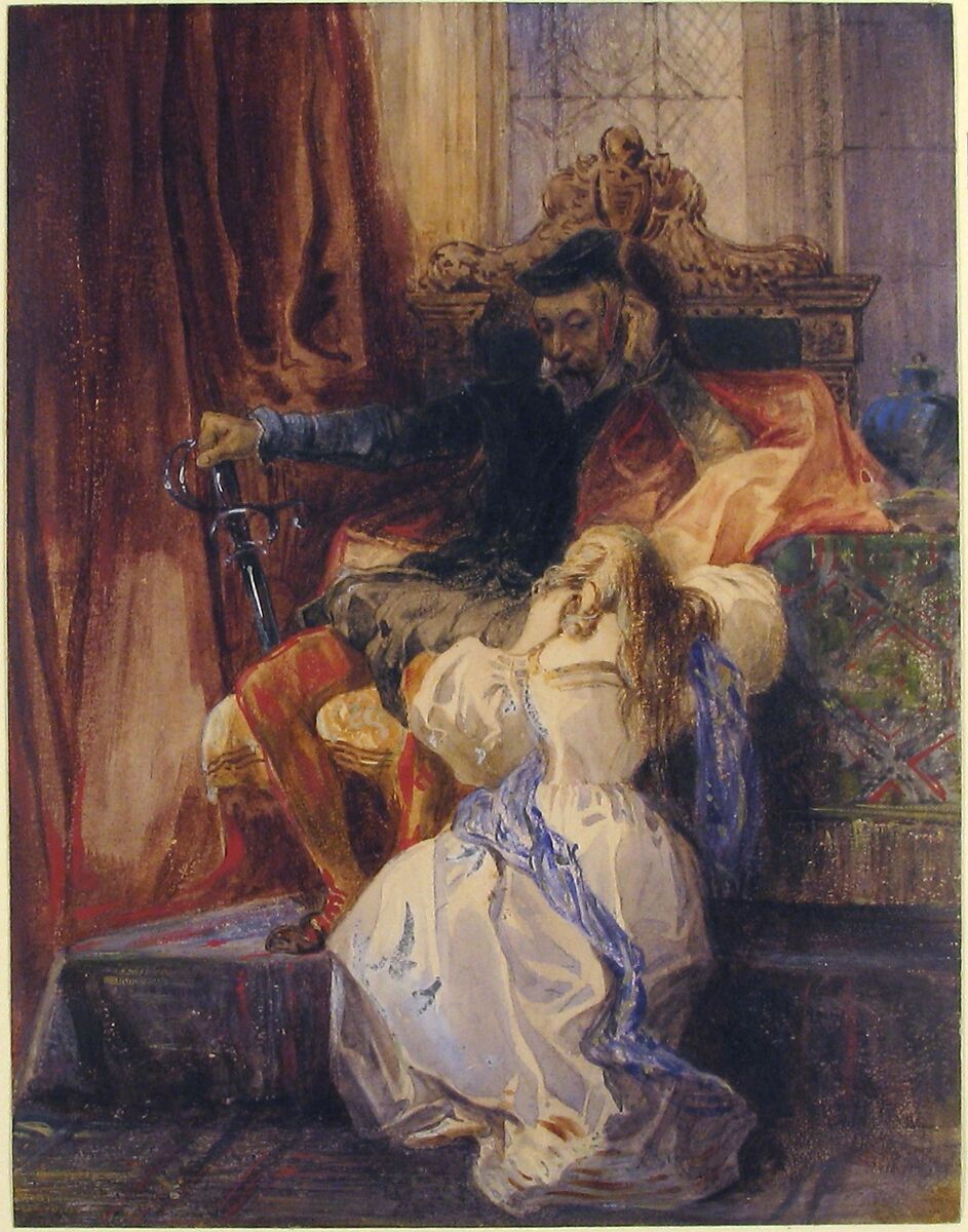 The Pardon Refused  (from Sir Walter Scott's "Kenilworth"), Camille-Joseph-Etienne Roqueplan (French, Mallemort 1803–1855 Paris), Watercolor heightened with lead white