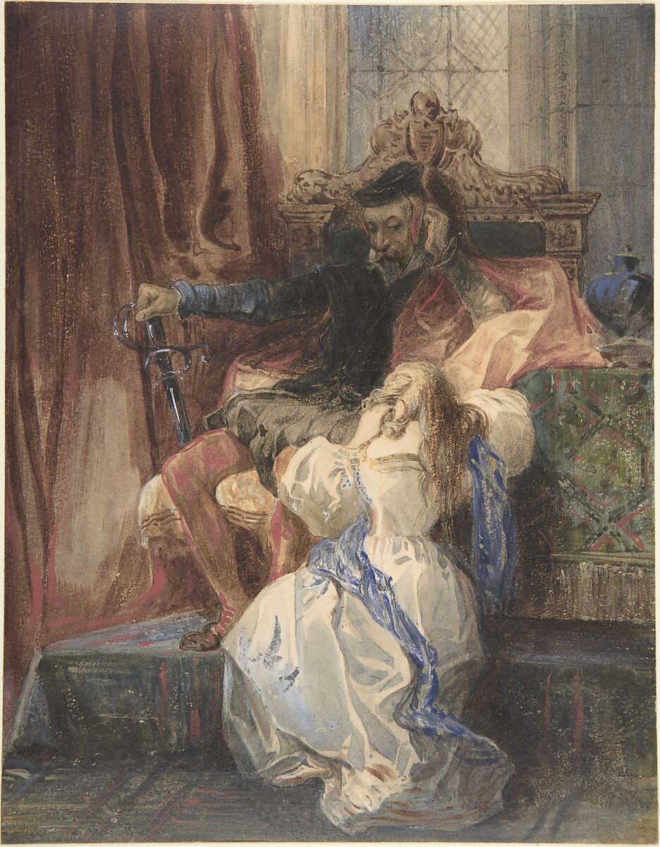 The Pardon Refused  (from Sir Walter Scott's "Kenilworth"), Camille-Joseph-Etienne Roqueplan (French, Mallemort 1803–1855 Paris), Watercolor heightened with lead white, on stiff wove paper 
