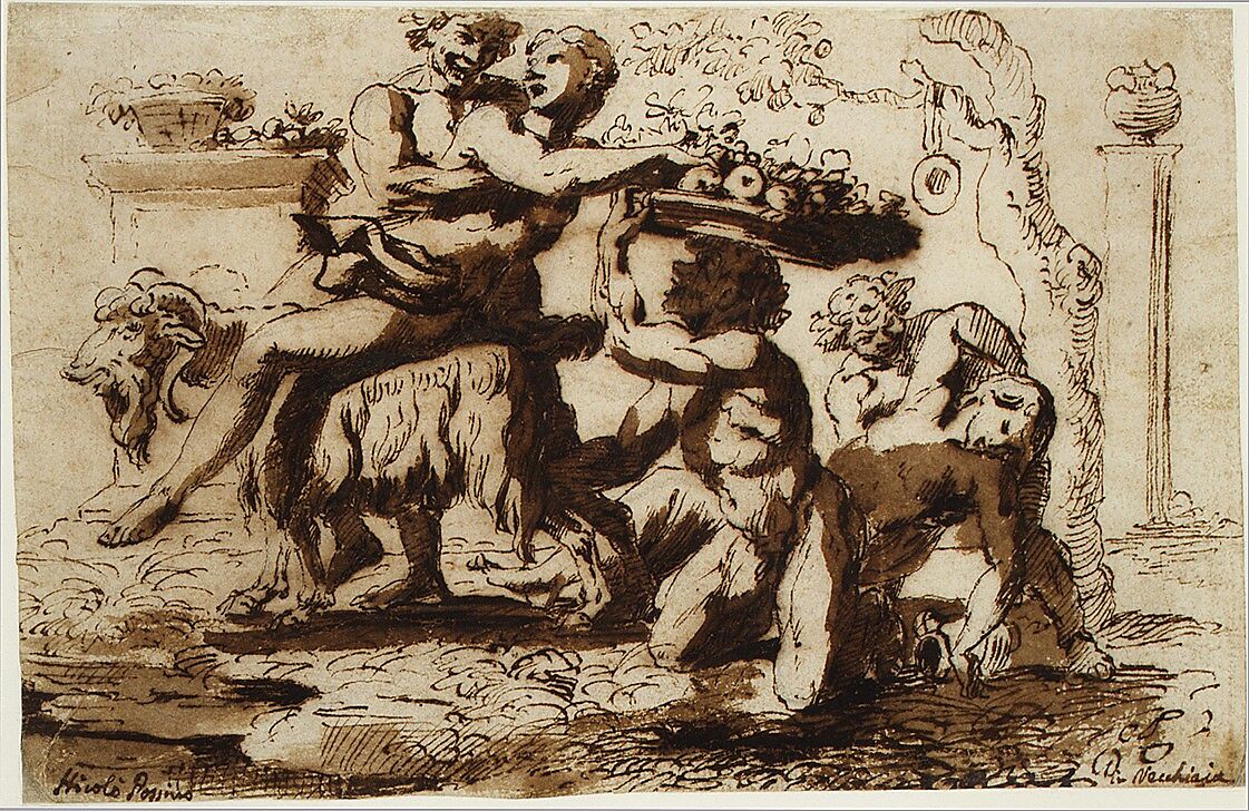 Bacchanal, Nicolas Poussin (French, Les Andelys 1594–1665 Rome), Pen and brown ink, brush and brown wash, over faint black chalk