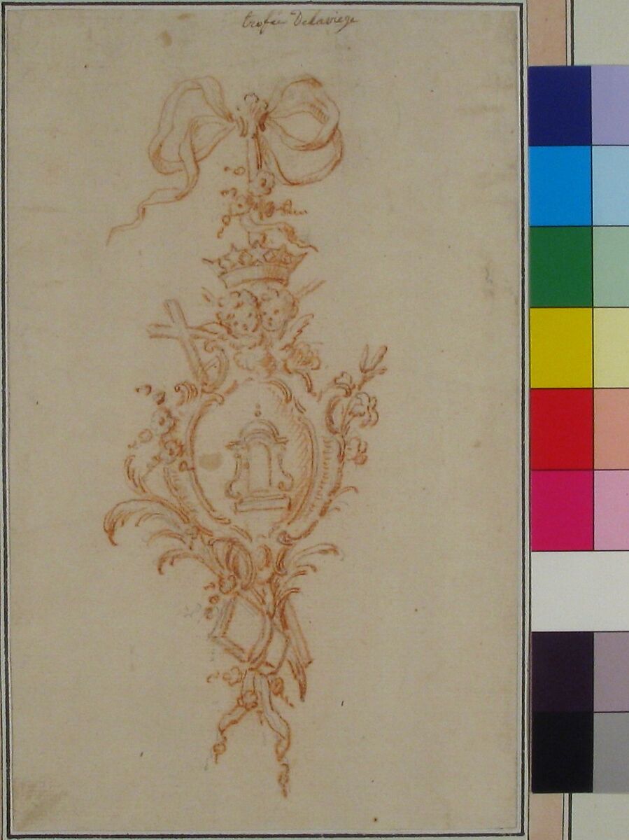 Design for Trophy, René Charpentier (French, Cuille 1680–1723 Paris), Red chalk over graphite underdrawing