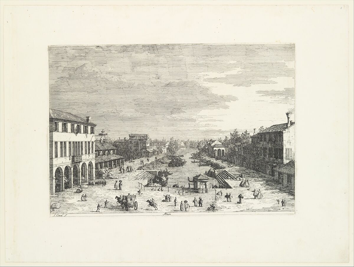 View of Mestre, an inn at left and other various buildings lining the canal, from 'Views' (Vedute altre prese da i luoghi altre ideate da Antonio Canal), Canaletto (Giovanni Antonio Canal) (Italian, Venice 1697–1768 Venice), Etching; first state of two 