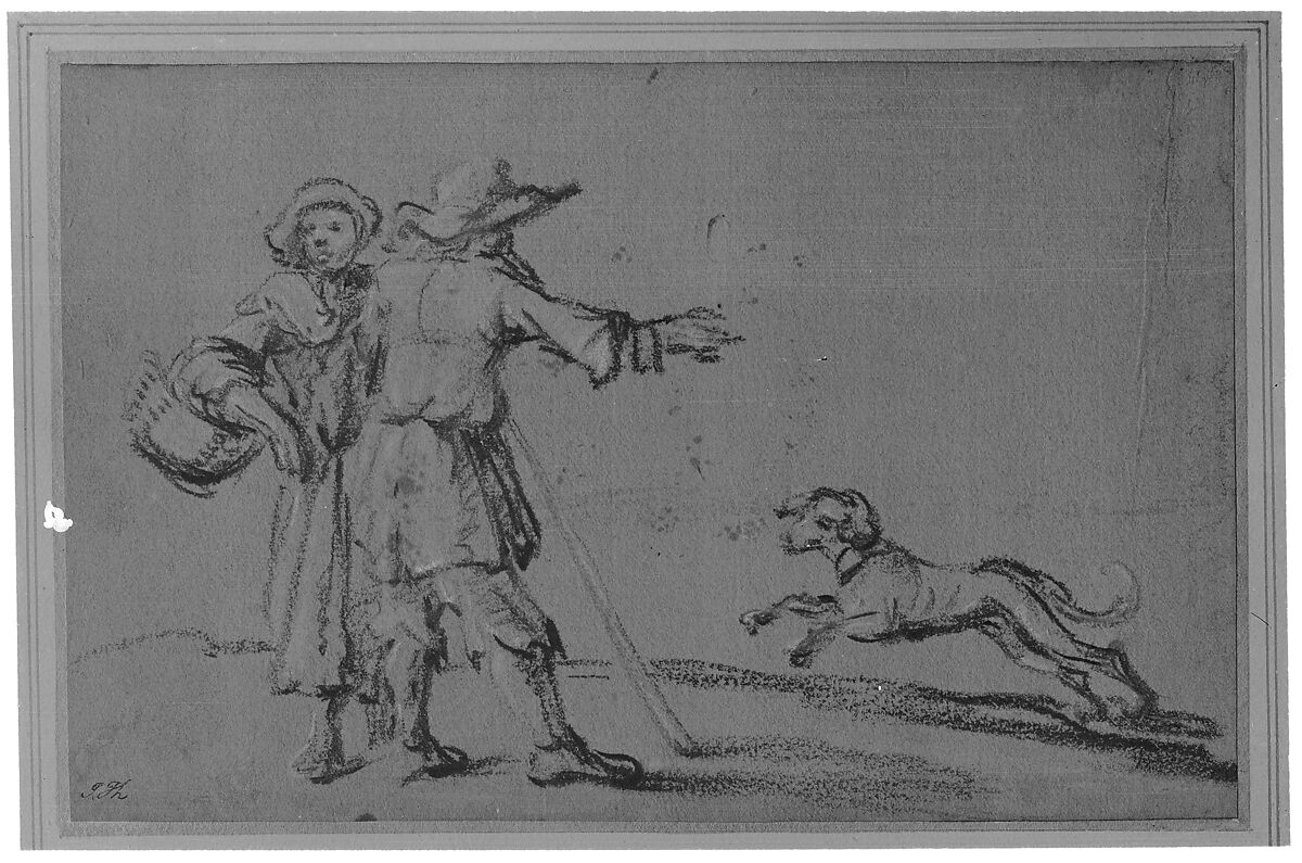 Two Figures and a Dog, Anonymous, Dutch, 17th century (?), Black chalk touched with white chalk on gray paper.