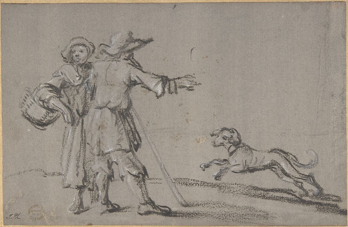 Two Figures and a Dog, Anonymous, Dutch, 17th century (?), Black chalk touched with white chalk on gray paper. 