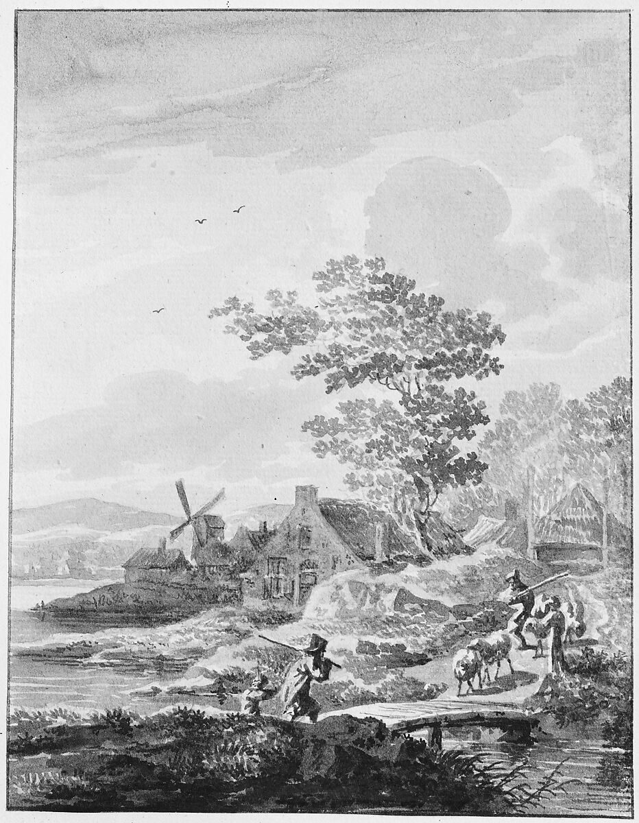 Landscape with Windmill, Anonymous, Dutch, 18th century ?, Pen and brown ink, brush and gray and brown wash, over graphite; framing lines in pen and brown ink