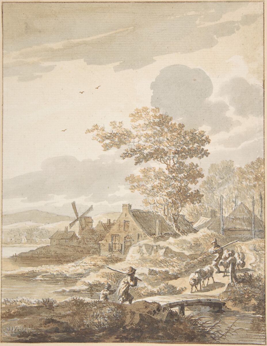 Landscape with Windmill, Anonymous, Dutch, 18th century ?, Pen and brown ink, brush and gray and brown wash, over graphite; framing lines in pen and brown ink 