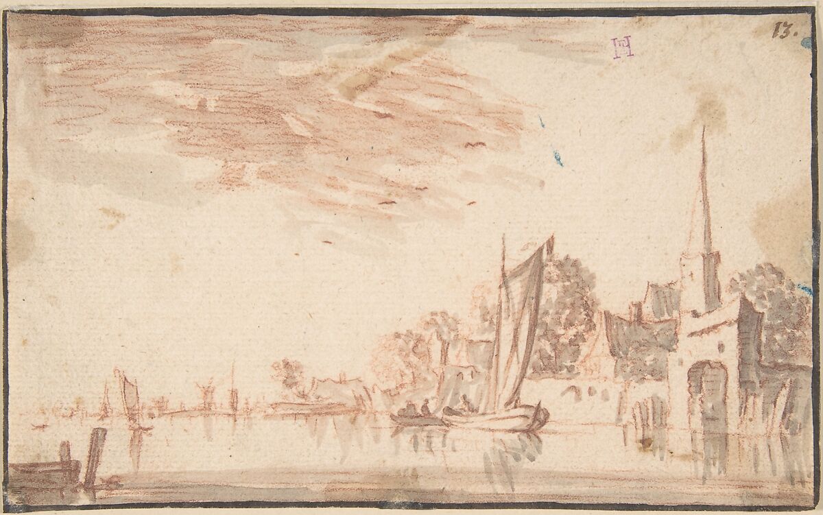 River Scene, Anonymous, Dutch, 17th century, Red chalk and gray wash, framing line in black ink. 