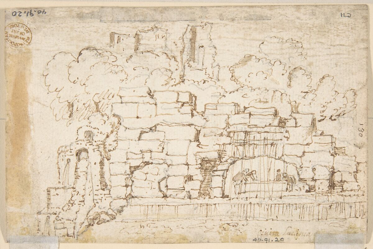 Landscape near Rome (recto); Fountain (verso), Anonymous, Dutch, 17th century, Pen and brown ink, brush and brown wash over traces of black chalk; framing lines in pen and brown ink; verso: pen, brown ink and some brush and brown wash over black chalk