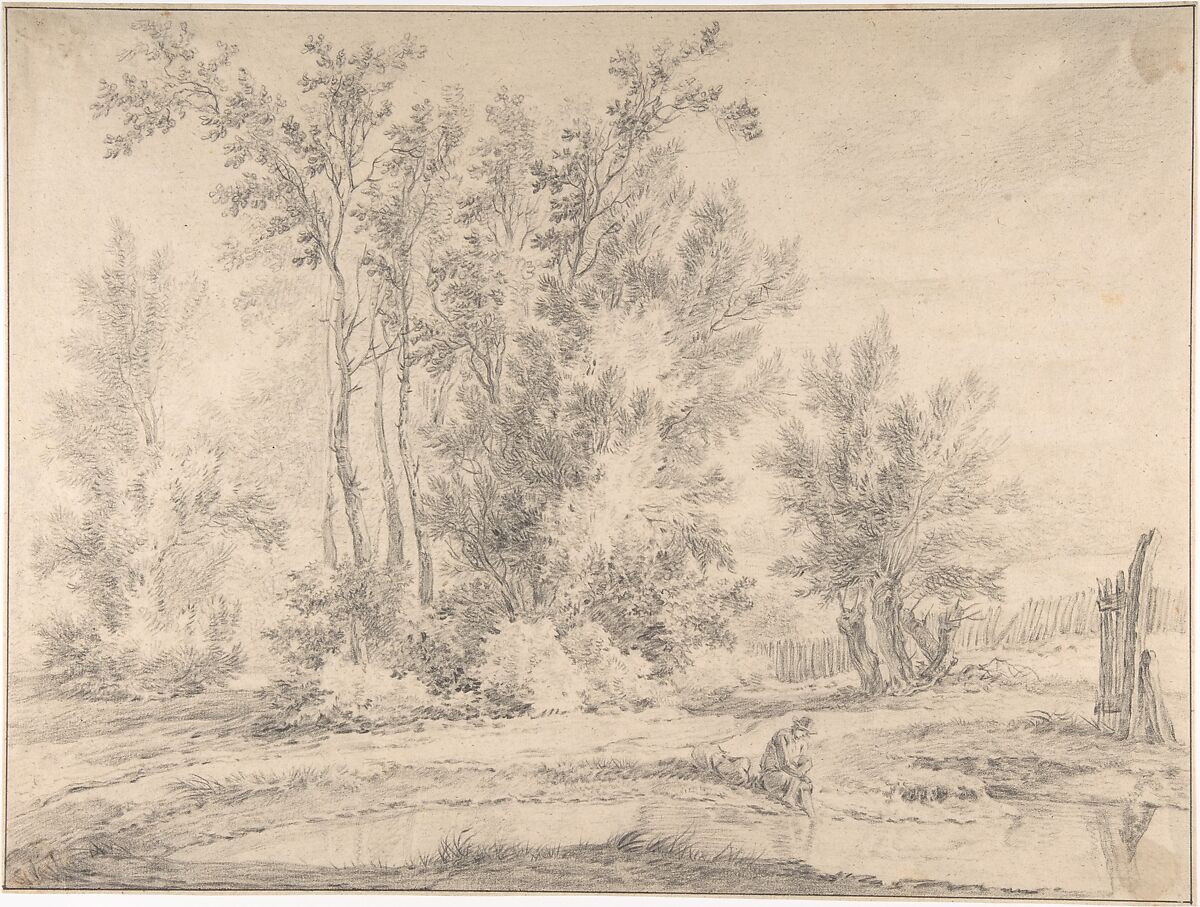 Landscape, Anonymous, Dutch, 18th century, Black chalk, framing line in pen and black ink 