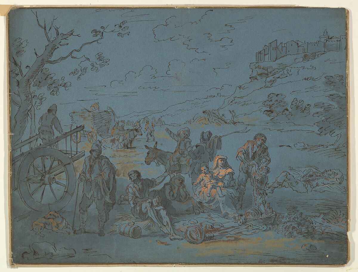 Summer, Anonymous, German, 18th century (?), Pen and bistre washed with India ink and orange gouache on blue paper. 
